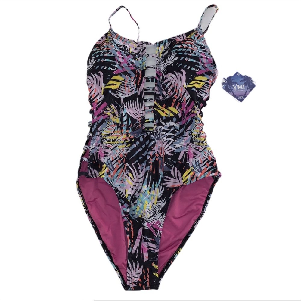 YMI One Piece Multi Print Cutout Swimsuit Medium